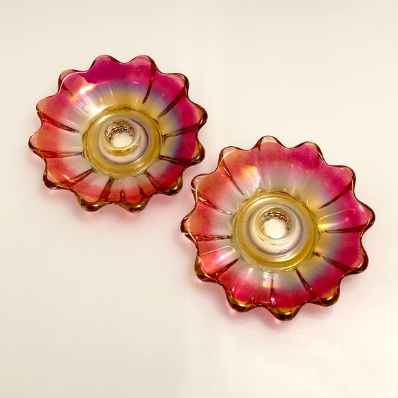 2 Midcentury American candleholders plates , cranberry pink Amberina glass. - Picture 1 of 5